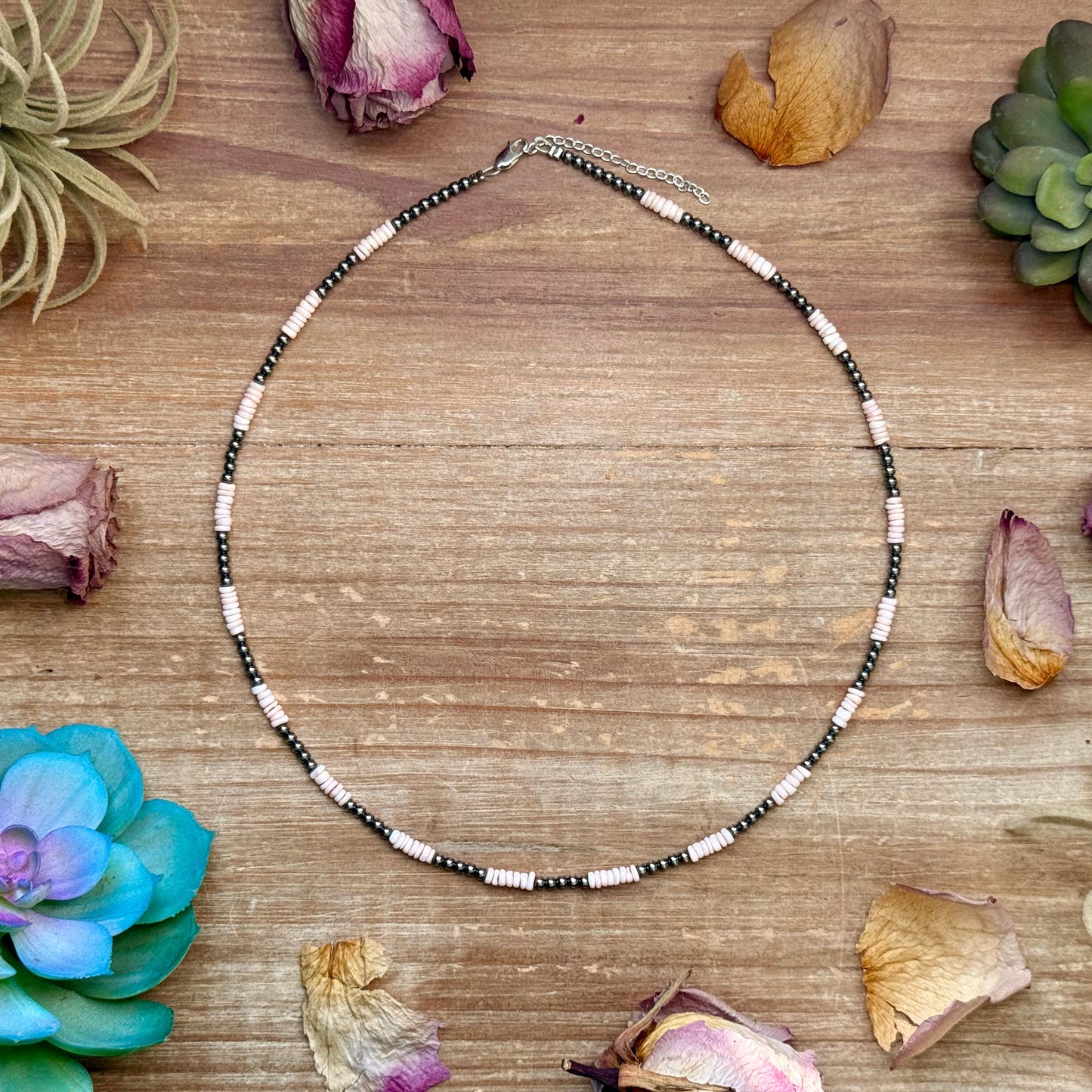 Pink Conch Heishi & 3mm Sterling Silver Pearl Necklace 20 inch